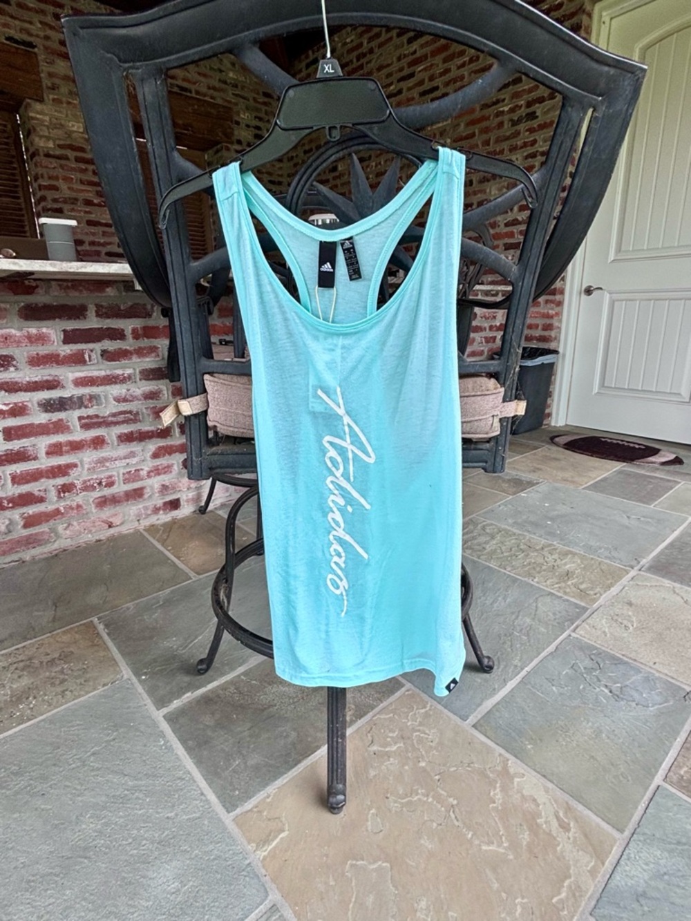 NWT adidas Aqua Blue Racerback Tank with Vertical Script
